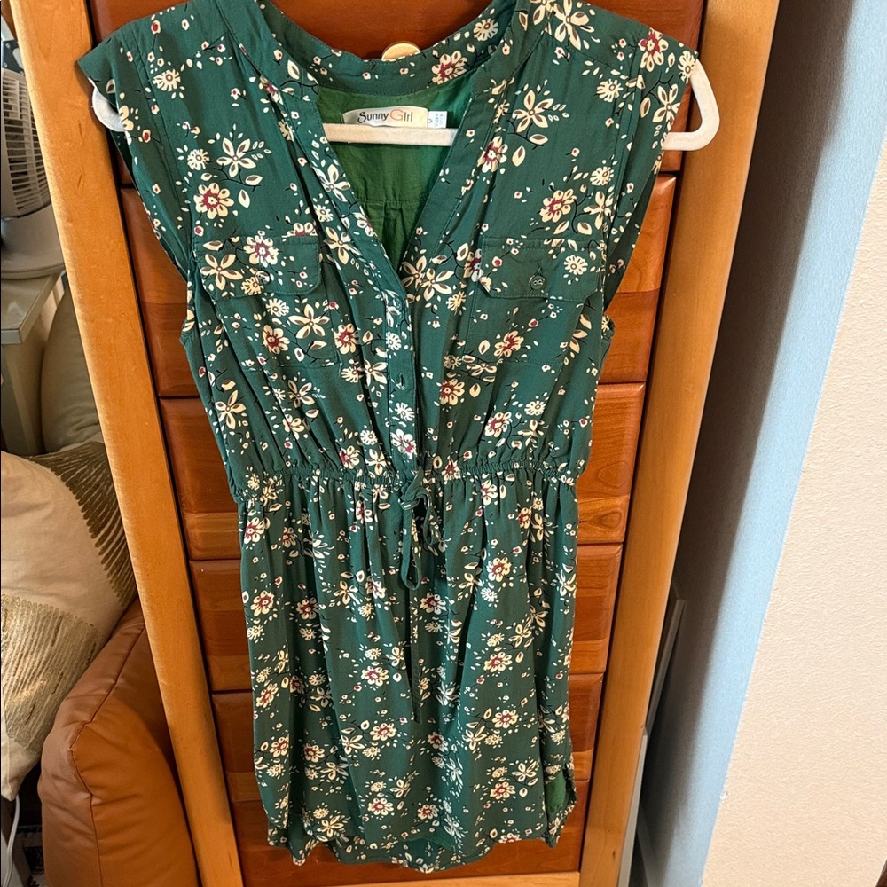 Sunny Girl Dark Green Floral Drawstring Sundress